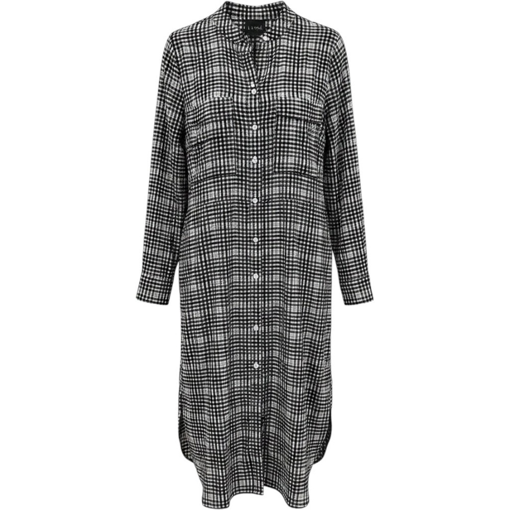 Lysse Womens Black White Grid Check Button Down Tunic Top High Low Hem Medium
